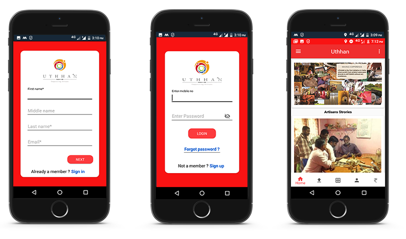 Uthhan app registration, login and artisans stories screens